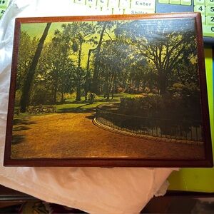 Wooden box comes with jewelry. Park scene. Gold lined felt bottom READ